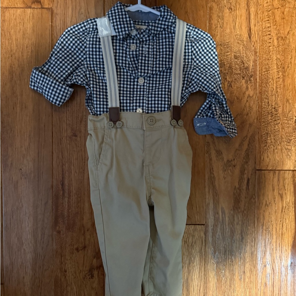 Checkered Shirt and Khaki Pants Set with Suspenders